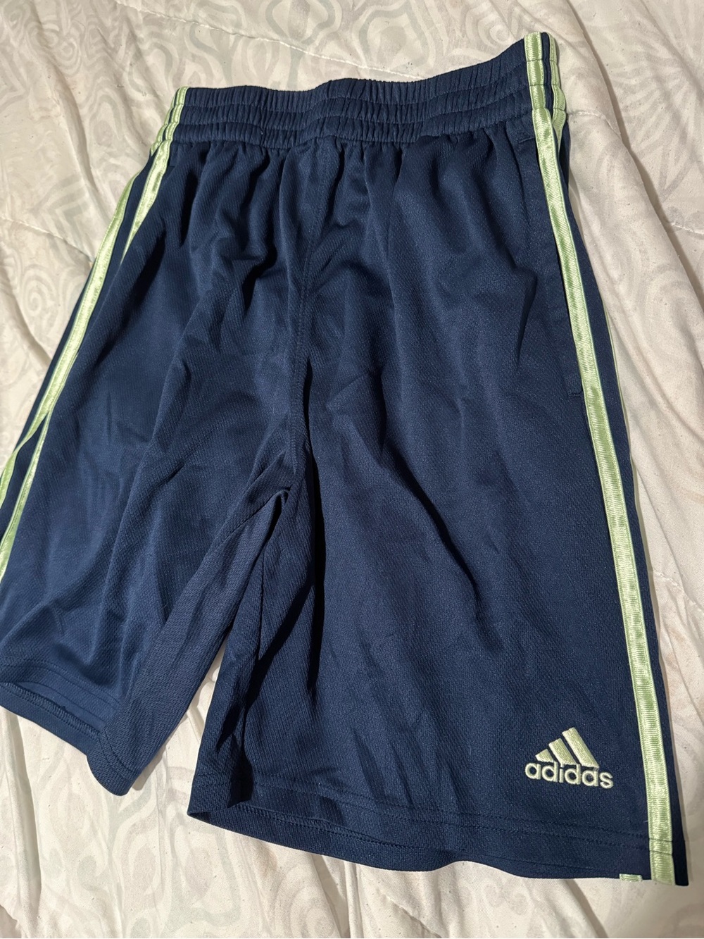 adidas Navy Athletic Shorts with Light Green Side Stripes